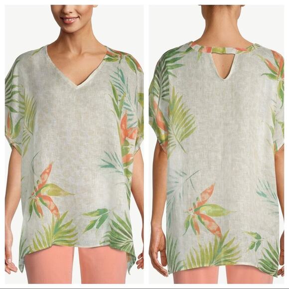 CHICOS Linen Palm Frond Printed Tunic Poncho S/M NWT - Picture 3 of 8